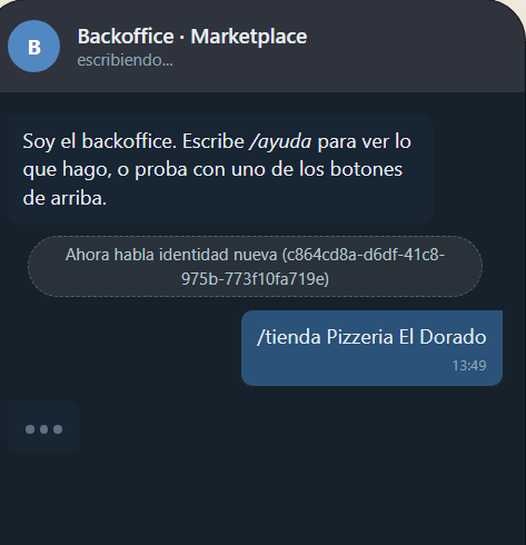 Captura real del backoffice: el comerciante escribe /tienda Pizzeria El Dorado en el chat.