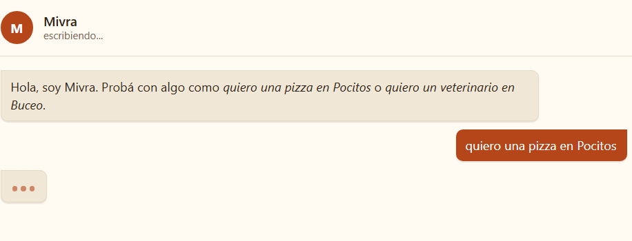 Captura real de la demo: se pide 'quiero una pizza en Pocitos' en el chat.